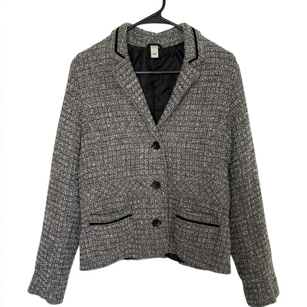 Classic Black & White Tweed Cropped Blazer Jacket Structured Tailored Fit Sz L